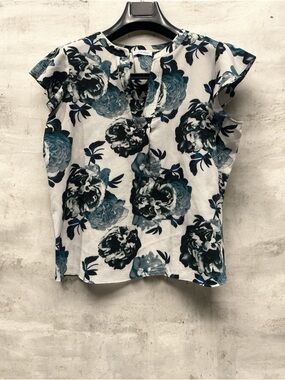 Calvin Klein White Blouse with Teal and Black Floral Print